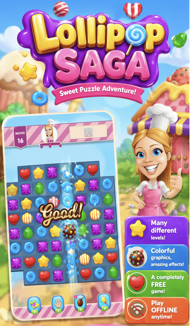 Candy Lollipop Saga gameplay screenshot with colorful candy board and offline match-3 features